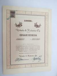 Urheilu &amp; Kalastus Oy, Oulu, sarja C 50 osaketta - 50 000 mk nr 07051-07100, Oulu 25.4.1962, E.W. Paasivaara -osakekirja / share certificate