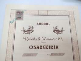 Urheilu &amp; Kalastus Oy, Oulu, sarja C 50 osaketta - 50 000 mk nr 07051-07100, Oulu 25.4.1962, E.W. Paasivaara -osakekirja / share certificate