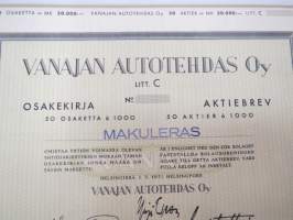 Vanajan Autotehdas Oy, Helsinki 1951, 50 osaketta á 1 000 mk = 50 000 mk -osakekirja / share certificate
