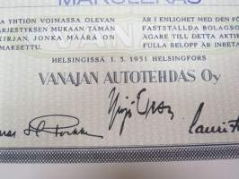 Vanajan Autotehdas Oy, Helsinki 1951, 50 osaketta á 1 000 mk = 50 000 mk -osakekirja / share certificate