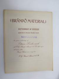 Oy Brändö Material Ab, ett tusen finska mark 1 000 mk, Brändö Villastad, 1920 -aktiebrev / osakekirja -share certificate