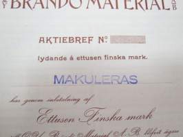 Oy Brändö Material Ab, ett tusen finska mark 1 000 mk, Brändö Villastad, 1920 -aktiebrev / osakekirja -share certificate
