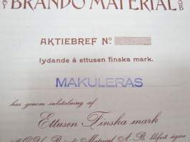 Oy Brändö Material Ab, ett tusen finska mark 1 000 mk, Brändö Villastad, 1920 -aktiebrev / osakekirja -share certificate