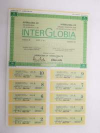 InterGlobia Oy, Helsinki 1989, Sarja A - Litt. C, sata osaketta á 5,00 mk -  5 000 mk -osakekirja -share certificate