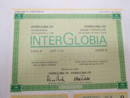 InterGlobia Oy, Helsinki 1989, Sarja A - Litt. C, sata osaketta á 5,00 mk -  5 000 mk -osakekirja -share certificate