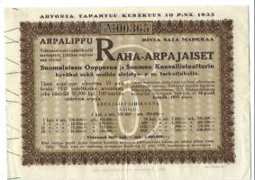 Arpalippu Raha-arpajaiset   1933 / 6  arpa  Suomalaisen Oopperan ja Kansallisteatterin hyväksi