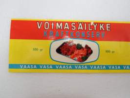 Osuuskunta Pohjanmaan Liha / Andelslaget Österbottens Kött - Voimasäilyke - Kraftkonserv -etiketti / label