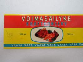 Osuuskunta Pohjanmaan Liha / Andelslaget Österbottens Kött - Voimasäilyke - Kraftkonserv -etiketti / label