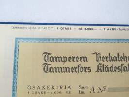 Tampereen Verkatehdas Oy, Tampere 1949, Sarja A 1 osake á 4 000 = 4 000 mk -osakekirja, blanco, makuleras-leimattu -share certificate