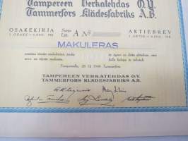 Tampereen Verkatehdas Oy, Tampere 1949, Sarja A 1 osake á 4 000 = 4 000 mk -osakekirja, blanco, makuleras-leimattu -share certificate