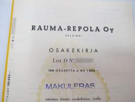 Rauma-Repola Oy, Helsinki 1952, Litt. D, 100 osaketta á 1 000 mk = 100 000 mk -osakekirja, blanco -share certificate