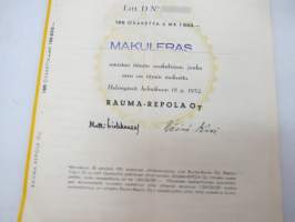 Rauma-Repola Oy, Helsinki 1952, Litt. D, 100 osaketta á 1 000 mk = 100 000 mk -osakekirja, blanco -share certificate