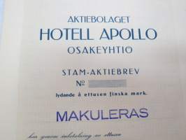 Hotelli Apollo Oy, Helsingfors, Stam-Aktiebrev nr.... lydande å ettusen finska mark -osakekirja / share certificate