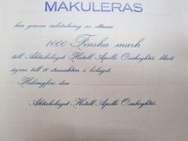 Hotelli Apollo Oy, Helsingfors, Stam-Aktiebrev nr.... lydande å ettusen finska mark -osakekirja / share certificate