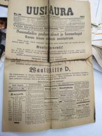 Uusi Aura 1907 nr 56 A, Turku 7.3.1907, sisältää mm. vaalimainontaa ja -propagandaa, Rautatietarpeista Turun läänin eteläosassa, Oikeudenkäynnin uudistus,