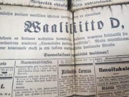 Uusi Aura 1907 nr 56 A, Turku 7.3.1907, sisältää mm. vaalimainontaa ja -propagandaa, Rautatietarpeista Turun läänin eteläosassa, Oikeudenkäynnin uudistus,