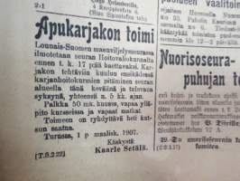 Uusi Aura 1907 nr 56 A, Turku 7.3.1907, sisältää mm. vaalimainontaa ja -propagandaa, Rautatietarpeista Turun läänin eteläosassa, Oikeudenkäynnin uudistus,