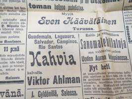 Uusi Aura 1907 nr 56 A, Turku 7.3.1907, sisältää mm. vaalimainontaa ja -propagandaa, Rautatietarpeista Turun läänin eteläosassa, Oikeudenkäynnin uudistus,