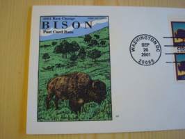 Bison, 2001, USA, ensipäiväkuori, FDC, neljällä postimerkillä. Hieno esim. lahjaksi. Katso myös muut kohteeni, minulla on myynnissä mm. noin 700 erilaista