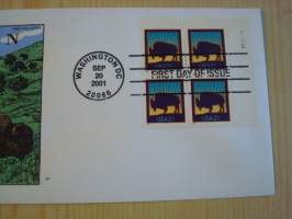 Bison, 2001, USA, ensipäiväkuori, FDC, neljällä postimerkillä. Hieno esim. lahjaksi. Katso myös muut kohteeni, minulla on myynnissä mm. noin 700 erilaista