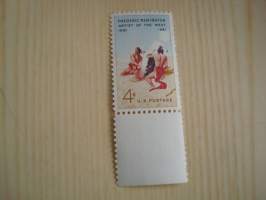 Intiaani postimerkki, Villi Länsi, Frederic Remington - Artist of the West, 1861-1961, USA. Käyttämätön, postimerkkiarkin alareunapala. Katso myös muut
