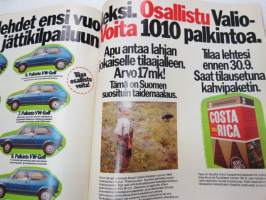 Tuulilasi 1974 nr 9, sisältää mm. seur. artikkelit / kuvat / mainokset; Kansikuva &quot;Lampputesti&quot;, Austin Allegro, Ford Escort RS 2000, Volvo-malliston