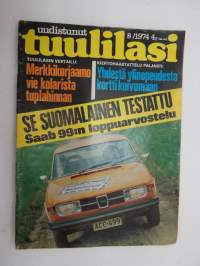 Tuulilasi 1974 nr 8, sisältää mm. seur. artikkelit / kuvat / mainokset; Kansikuva Saab 99, Trial, Ajopiirtuuri - kuljettajan omatunto, Mazda 1300 Marella testi,