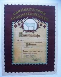 Kiskon Osuusmeijeri / Varsinais-Suomen Osuusmeijeriliitto 1967 - kunniakirja 37x30 cmpiirtänyt Edvin Lyden 1922