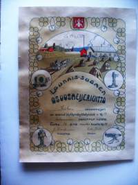 Kiskon Osuusmeijeri / Varsinais-Suomen Osuusmeijeriliitto 1913 kunniakirja 42x33 cm piirtänyt Kaarlo Koskenvoima = Kalle Kaarna 1910