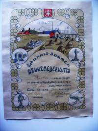 Kiskon Osuusmeijeri / Varsinais-Suomen Osuusmeijeriliitto 1910 kunniakirja 42x33 cm piirtänyt Kaarlo Koskenvoima = Kalle Kaarna 1910 Åbo Stentryckeri