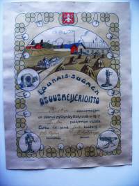 Kiskon Osuusmeijeri / Varsinais-Suomen Osuusmeijeriliitto 1910 kunniakirja 42x33 cm piirtänyt Kaarlo Koskenvoima = Kalle Kaarna 1910 Åbo Stentryckeri