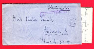 Kenttäpostikuori ja kirje, 31.12.1942. Leima - Kenttäpostikonttori N:o 3. Lähettäjän peiteluku 3/3951