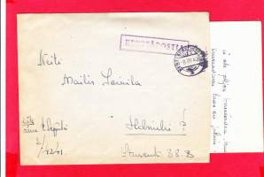 Kenttäpostikuori ja kirje, 08.03.1943. Leima - Kenttäpostikonttori N:o 3. Lähettäjän peiteluku KPK 3/4241