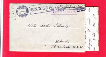 Kenttäpostikuori ja kirje, 21.11.1943. Leima - Kenttäpostikonttori N:o 7. Lähettäjän peiteluku KPK 7/9199