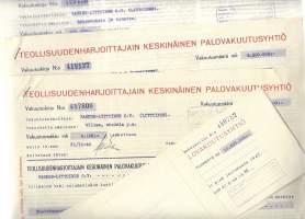 Teollisuudenharjoittajain  Keskinäinen Palovakuuutusyhtiö  vakuutuskirja 1945 - vakuutuskirja 3 kpl ja kuitteja