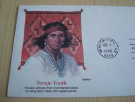 Navajo intiaani, 1986, USA, ensipäiväkuori, FDC, hieno esim. lahjaksi. Katso myös muut kohteeni, minulla on myynnissä mm. noin 700 erilaista maksikorttia sekä