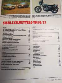 Tekniikan Maailma 1977 nr 19  TM koeajaa / esittelee: Toyota Gressida, Peugeot 405, Mazda Cosmo RX-5. Kawasaki Z1-R . Renault 20.  Dodge Royal Monaco Brougham.