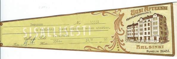 Uusi Apteekki Helsinki - resepti signatuuri 1958