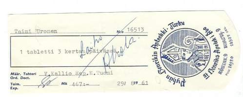 Pyhän Henrikin Apteekki Turku - resepti signatuuri 1961