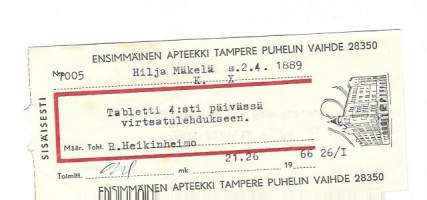 Ensimmäinen Apteekki Tampere - resepti signatuuri 1966