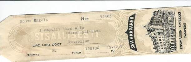 Ensimmäinen Apteekki Sev Haapanen Tampere resepti signatuuri 1945