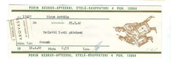Porin Keskus-Apteekki Pori  resepti signatuuri 1968