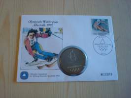 1992 Albertville talviolympialaiset, numismatiikka-ensipäiväkuori, FDC, numeroitu, hieno esim. lahjaksi. Katso myös muut kohteeni, minulla on myynnissä mm. noin