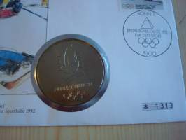 1992 Albertville talviolympialaiset, numismatiikka-ensipäiväkuori, FDC, numeroitu, hieno esim. lahjaksi. Katso myös muut kohteeni, minulla on myynnissä mm. noin