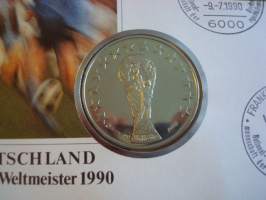 1990 Jalkapallon maailmanmestaruuskisat, numismatiikka-ensipäiväkuori, FDC, hieno esim. lahjaksi. Katso myös muut kohteeni, minulla on myynnissä mm. noin 700