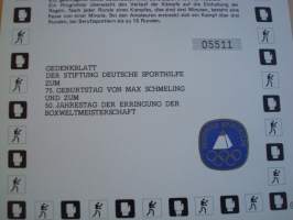 Nyrkkeilijä Max Schmeling Souvenir Sheet postimerkkiarkki 1969 &amp; hänen nimikirjoituksensa, numeroitu (kaikissa numeroiduissa ei ole nimikirjoitusta).