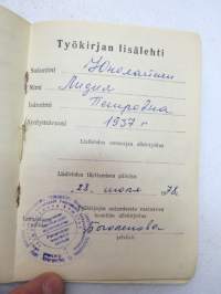 Трудовая книжка - Työkirja -Neuvosto-Karjalan / Karjalan Tasavallan alue, aloitettu v. 1958 - työsuhteiden yms. tietoja, eläkemerkintöjä,