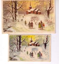 Jenny Nyströmin   piirtämät kortit, sama aihe.   Normaali  koko 190/10. kulkenut 22.12.1951. Pieni   kortti  109/8 käteen postina.