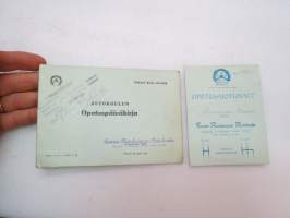 Autkoulun opetuspäiväkirja + opetusajotunnit - Turun Autokaupan Autokoulu 1958 -driving school documents / timetables of lessons