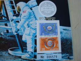 Apollo 11, 1969, Sveitsi, maksikortti, FDC, numeroitu. Hieno esim. lahjaksi. Katso myös muut kohteeni, minulla on myynnissä mm. noin 700 erilaista maksikorttia